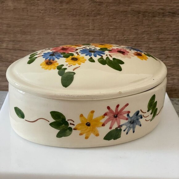 Vintage Made in France Hand-Painted Rustic Floral Oval Covered Trinket Box 4.75" - Picture 3 of 9